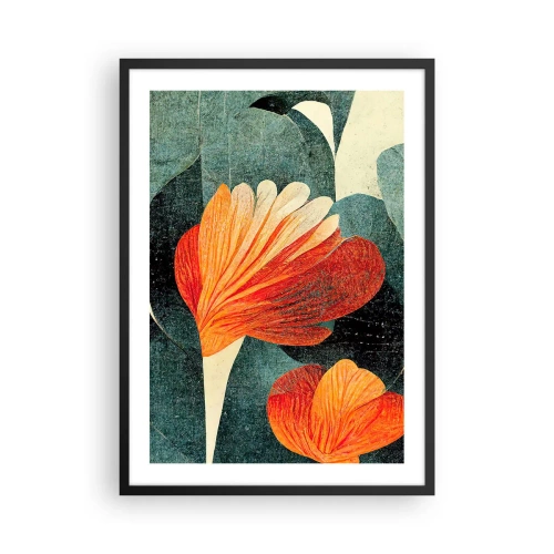 Poster in black frame - Abstract flowers in shades of orange and green - 50x70cm - Heat of the Tropics, Coolness of the Ground - Modern wall decoration for the living room and bedroom ARTTOR