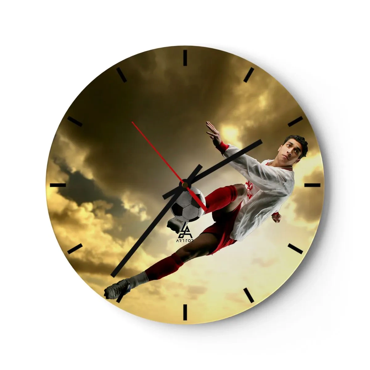 Wall clock - Clock on glass - A football player in dynamic action against a golden sky - 30x30cm - Football Heaven - Modern wall decoration for the living room, kitchen, and bedroom ARTTOR