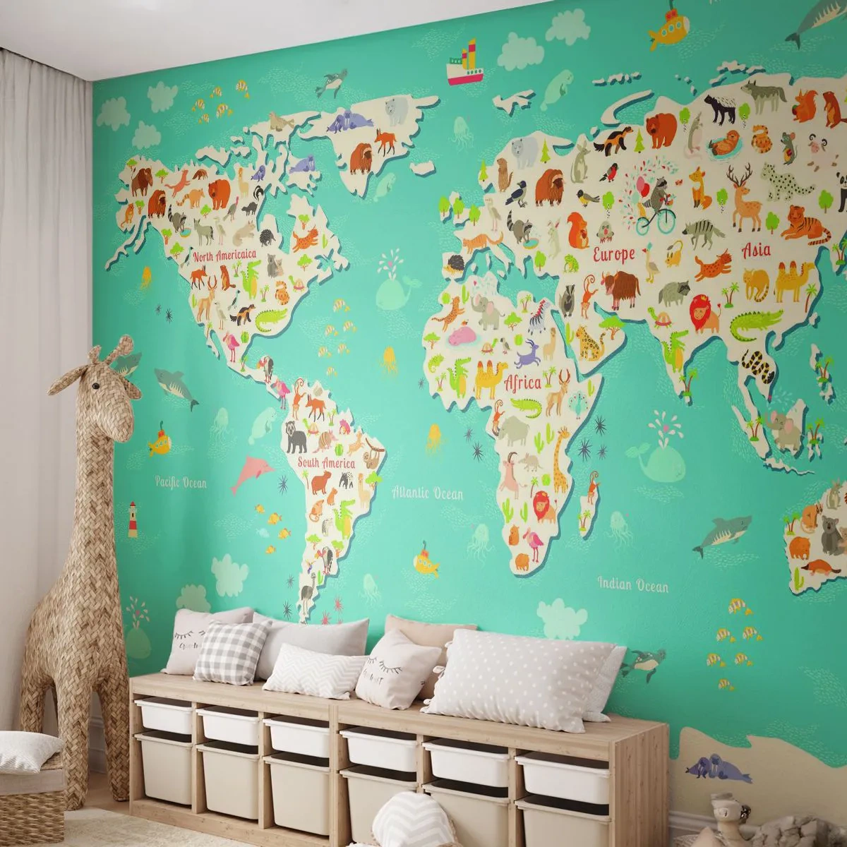 Photo Wallpaper Standard Eco - I Love the Whole World - World map, Animals, For children - 200x140 cm