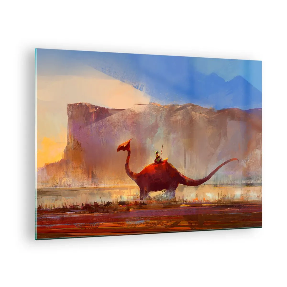 Glass picture - A fantasy landscape with a rider on a prehistoric creature - 70x50cm - If They Hadn't Gone Extinct - Modern wall decoration for the living room and bedroom ARTTOR