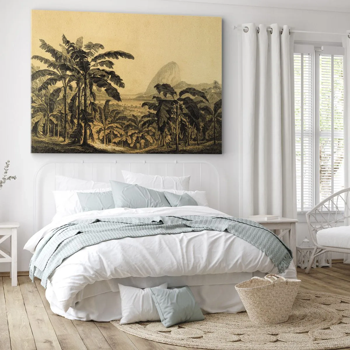 Canvas picture - Drawing of banana trees against a tropical landscape background - 70x50cm - In Colonial Character - Modern wall decoration for the living room and bedroom ARTTOR