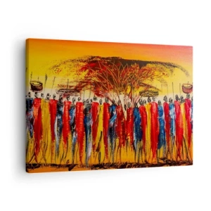 Canvas picture - A colorful scene with African figures against the backdrop of the setting sun. - 70x50cm - Marching in the Rhythm of Tam-tam - Modern wall decoration for the living room and bedroom ARTTOR