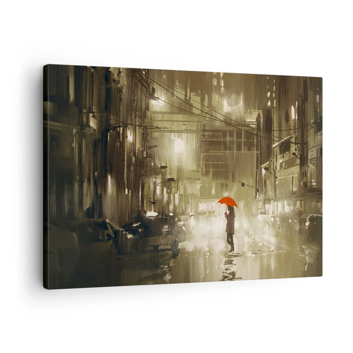 Canvas picture - A figure with a red umbrella in a rainy city - 70x50cm - Alone But Not Lonely - Modern wall decoration for the living room and bedroom ARTTOR