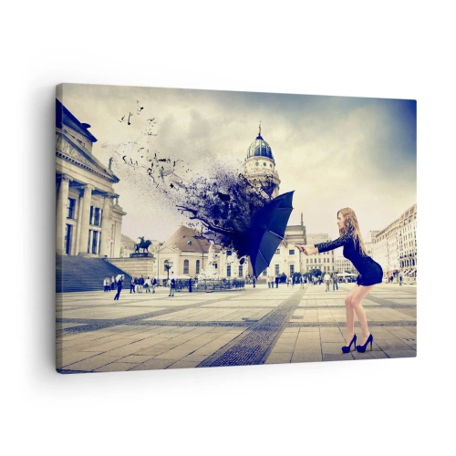 Canvas picture - A woman with an umbrella in an artistic composition against an urban background - 70x50cm - There Is a Wind... - Modern wall decoration for the living room and bedroom ARTTOR