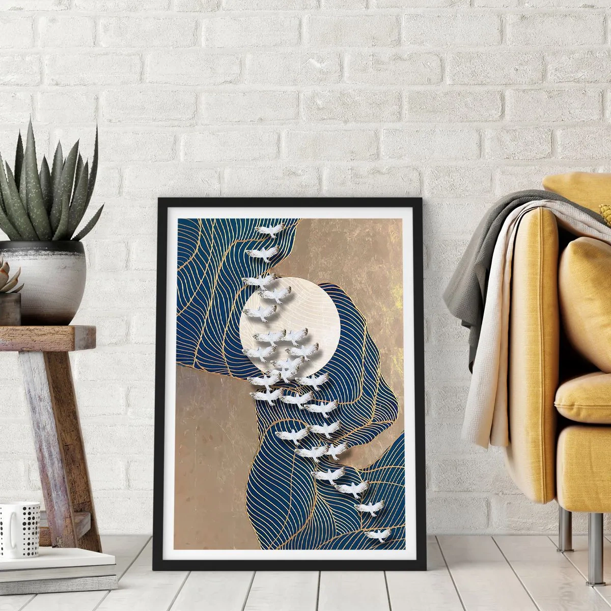 Poster in black frame - Abstract composition with birds and the moon in golden tones - 50x70cm - Freedom, Travel, Community - Modern wall decoration for the living room and bedroom ARTTOR