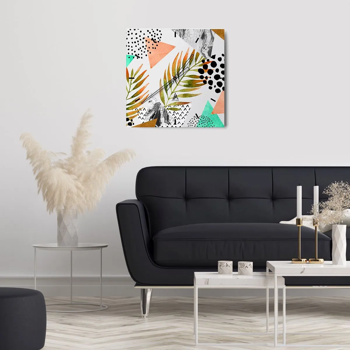 Wall clock - Clock on glass - Decorated with a Palm Leaf - 30x30 cm