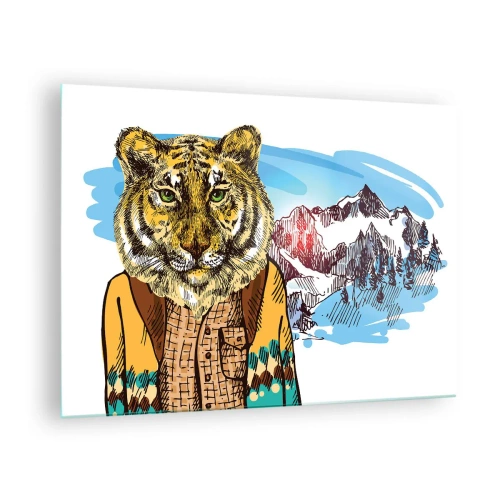 Glass picture - A tiger in a vest against a mountain landscape - 70x50cm - Not As Wild in the Drawing - Modern wall decoration for the living room and bedroom ARTTOR