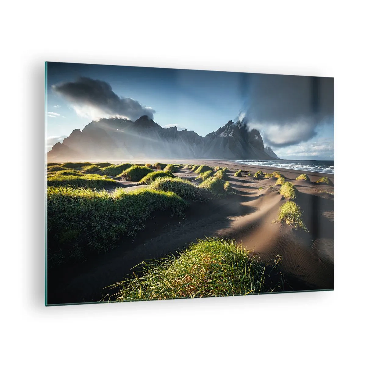 Glass picture - Icelandic landscape with a black beach and mountains - 70x50cm - Harmony of Elements - Modern wall decoration for the living room and bedroom ARTTOR