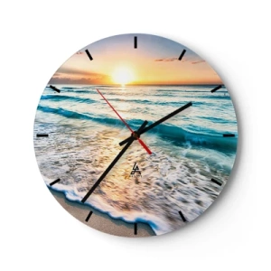 Wall clock - Clock on glass - Sunset over the sea with waves at the shore - 30x30cm - Sunset View - Modern wall decoration for the living room, kitchen, and bedroom ARTTOR