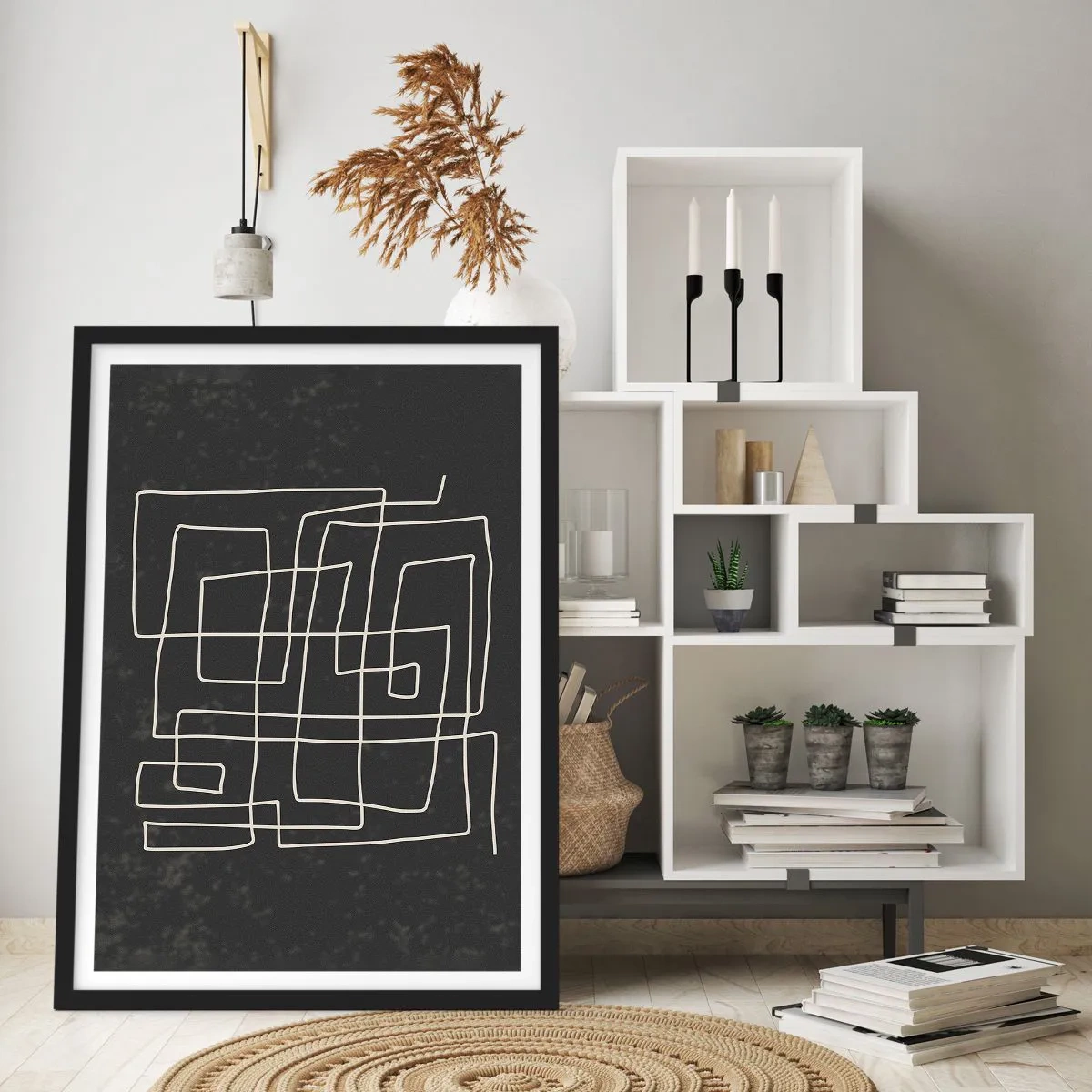 Poster in black frame - Geometric abstraction on a black background - 50x70cm - Not Too Straight - Modern wall decoration for the living room and bedroom ARTTOR