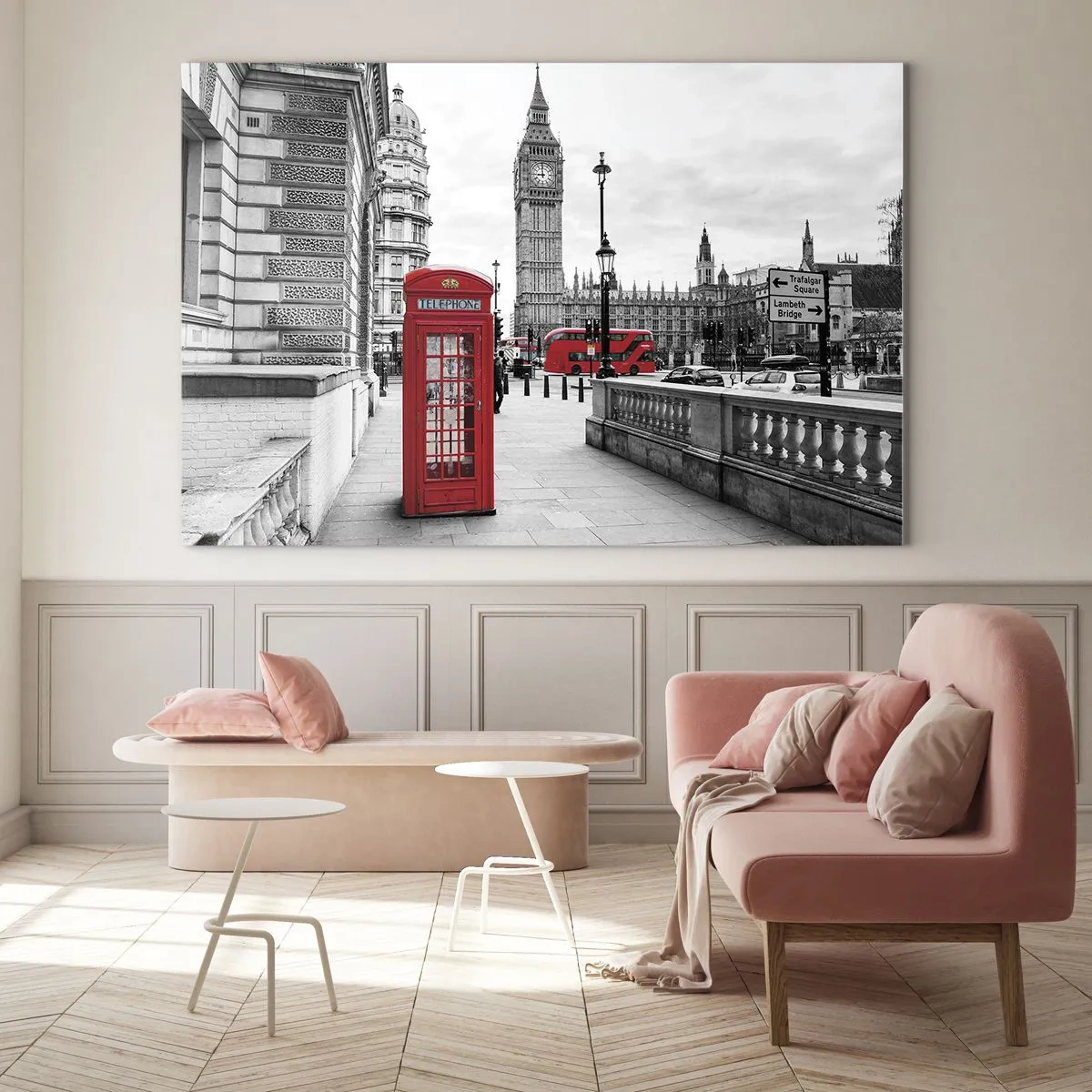Glass picture - Black and white London with a red telephone box and bus - 70x50cm - Undoubtedly London - Modern wall decoration for the living room and bedroom ARTTOR