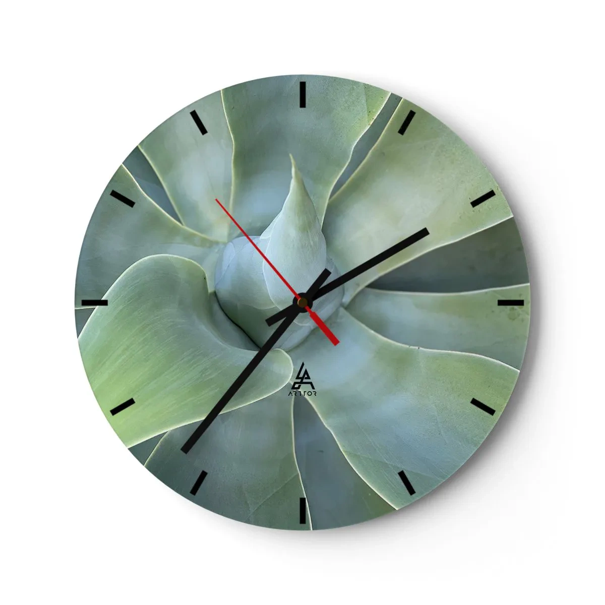 Wall clock - Clock on glass - Close-up of the spiral arrangement of succulent leaves - 30x30cm - Birth of Green - Modern wall decoration for the living room, kitchen, and bedroom ARTTOR
