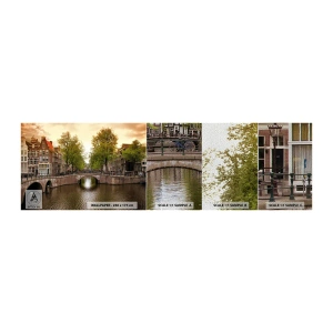 Photo Wallpaper Sample Premium Sand - By Boat or by Bike? - City, Amsterdam, Boat Bridge Canal - 100x30 cm