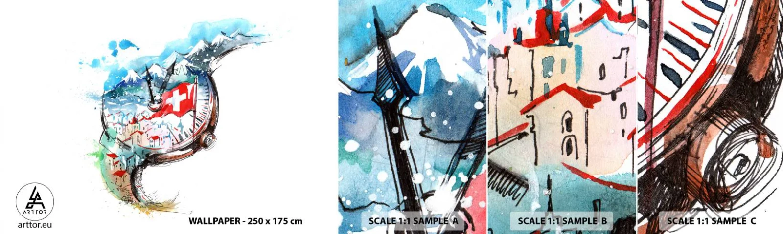 Photo Wallpaper Sample Self-Adhesive Deluxe Sticker - Spirit of Switzerland - Abstraction, Swiss Watch, Alps - 100x30 cm