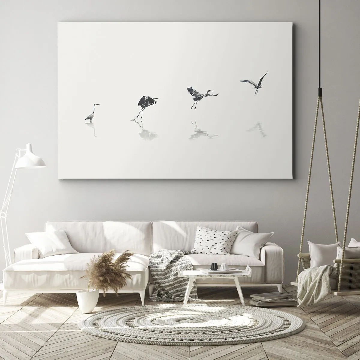 Canvas picture - Four bird silhouettes reflected in the calm water - 70x50cm - Four Simple Steps - Modern wall decoration for the living room and bedroom ARTTOR