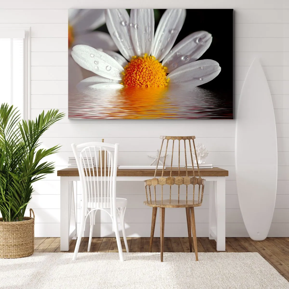 Canvas picture - A white daisy with water drops immersed in a water reflection - 70x50cm - Sunrise of a Daisy - Modern wall decoration for the living room and bedroom ARTTOR