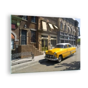 Glass picture - A yellow taxi against the backdrop of a classic tenement house - 70x50cm - Long Time Ago in America - Modern wall decoration for the living room and bedroom ARTTOR