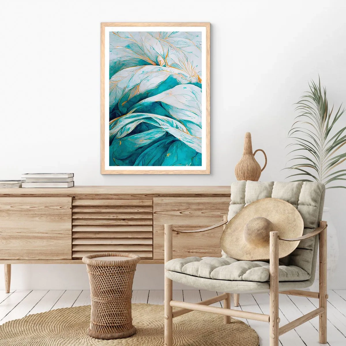 Poster in light oak frame - Blue Abstract with a Golden Motif - 70x100 cm