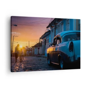 Canvas picture - Retro car and bicycle on the street in the light of the setting sun - 70x50cm - Time Slows Down Here - Modern wall decoration for the living room and bedroom ARTTOR