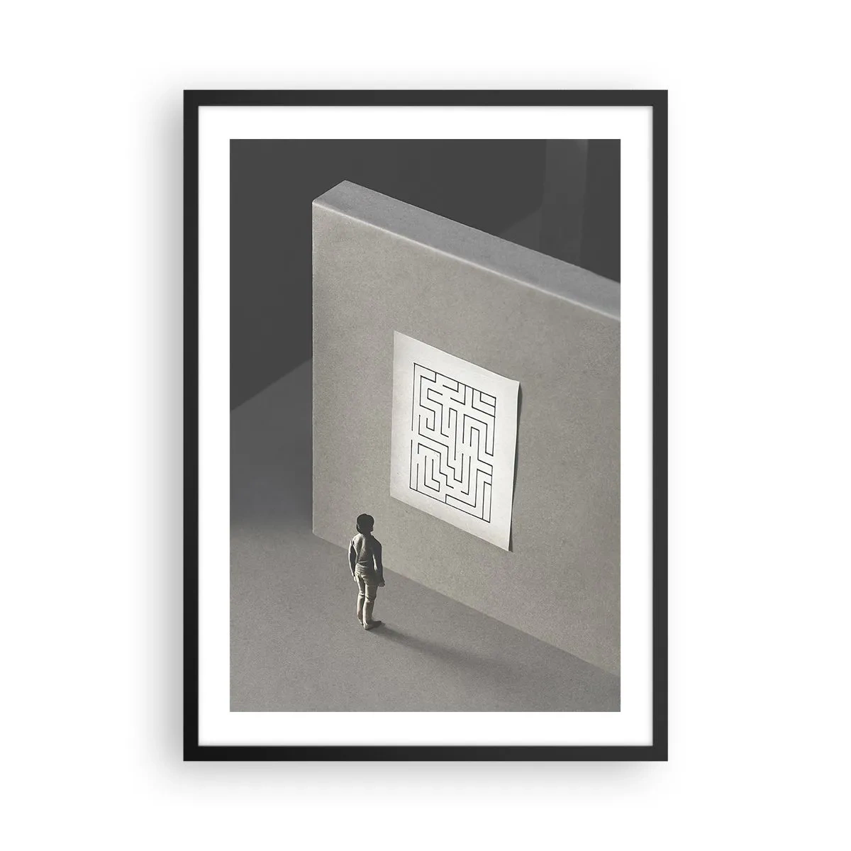 Poster in black frame - A figure in front of a minimalist maze - 50x70cm - But Where Am I? - Modern wall decoration for the living room and bedroom ARTTOR