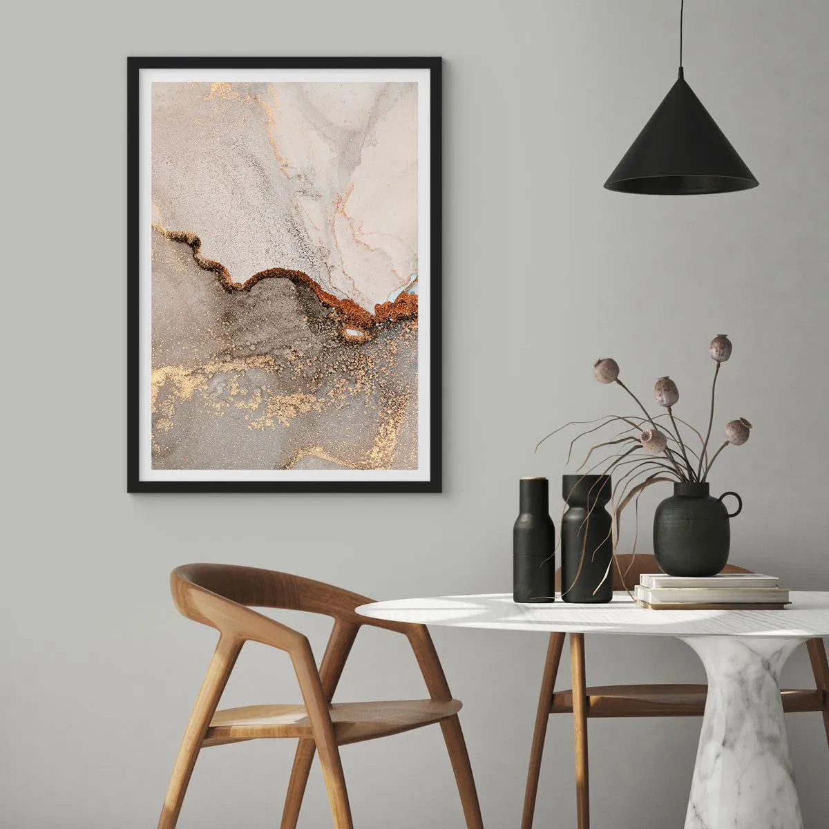 Poster in black frame - Abstract marble pattern with gold and copper accents - 50x70cm - On the Border of Colours - Modern wall decoration for the living room and bedroom ARTTOR
