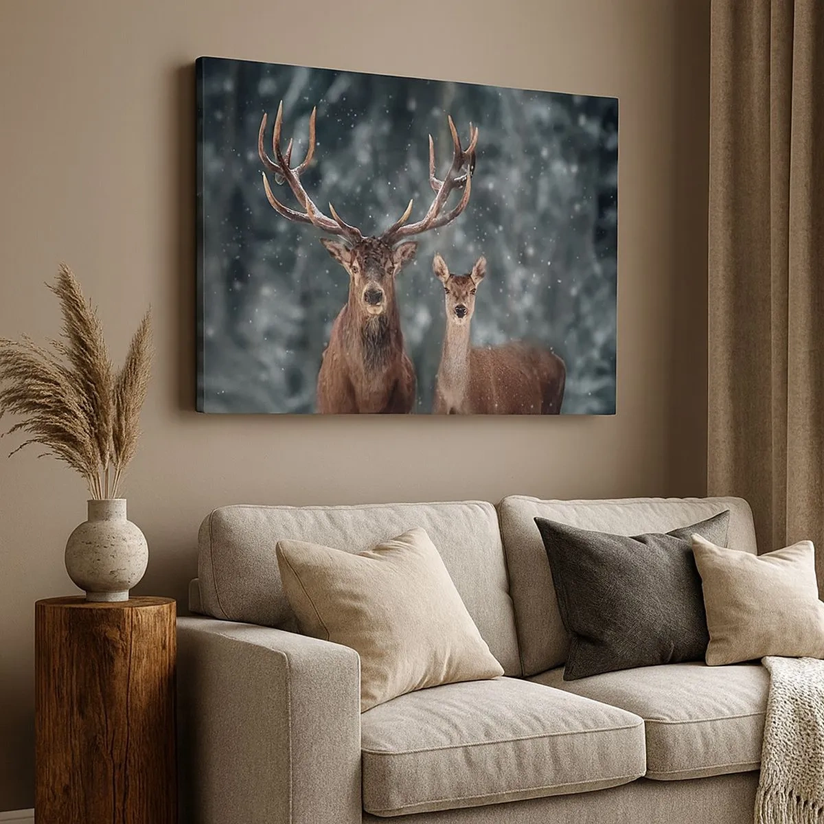 Canvas picture - Deer in a snow-covered winter forest - 70x50cm - Master of the Forest with His Wife - Modern wall decoration for the living room and bedroom ARTTOR