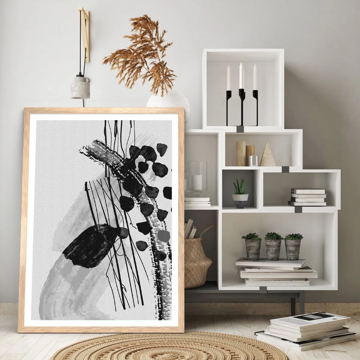 Poster in light oak frame - Black and White Organic Abstraction - 30x40 cm