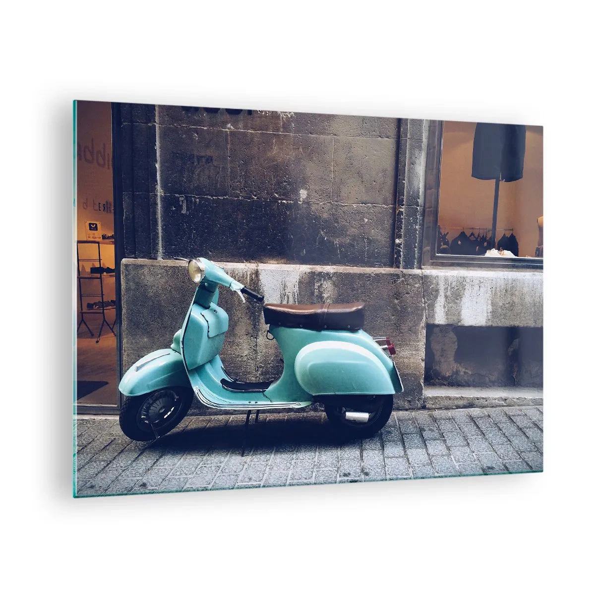 Glass picture - A blue scooter against the wall of a building - 70x50cm - Unforgetable Atmosphere - Modern wall decoration for the living room and bedroom ARTTOR