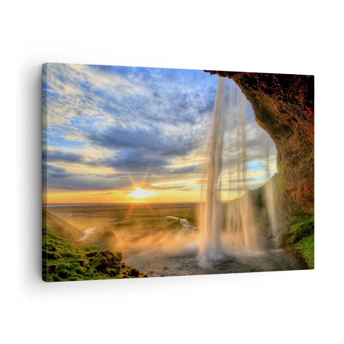 Canvas picture - A waterfall illuminated by sunlight against a landscape backdrop - 70x50cm - World behind Raindrops - Modern wall decoration for the living room and bedroom ARTTOR