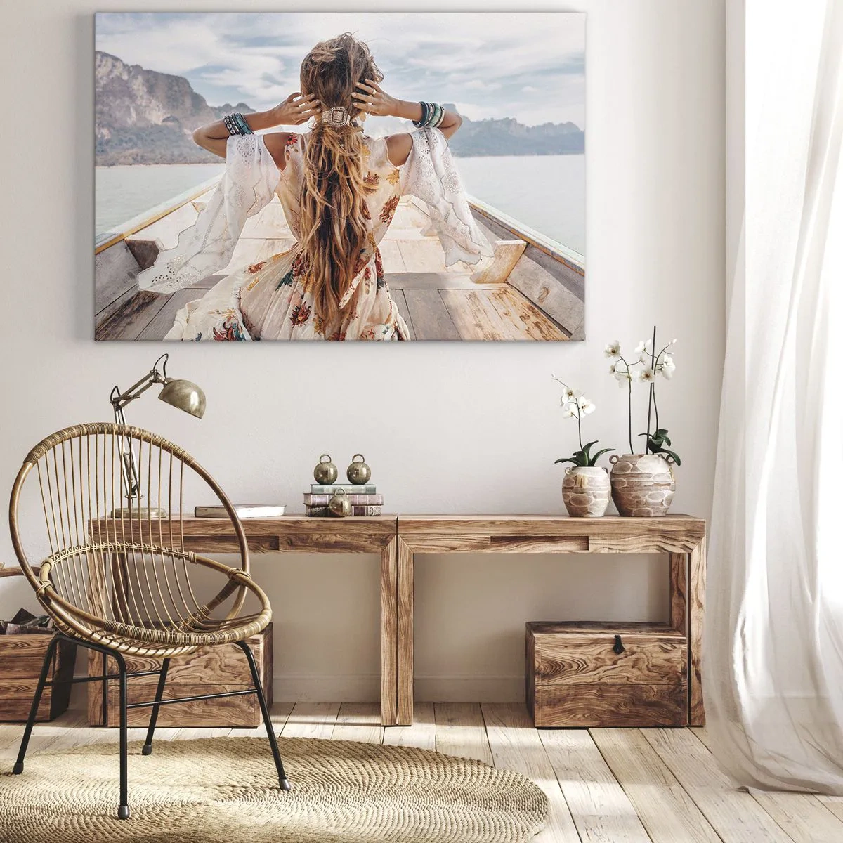 Canvas picture - Woman on a boat overlooking the mountains and water, boho style - 70x50cm - On the Way to Happiness - Modern wall decoration for the living room and bedroom ARTTOR