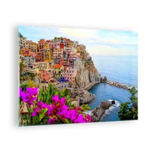 Glass picture - Colorful houses on a cliff overlooking the sea - 70x50cm - Laughing City - Modern wall decoration for the living room and bedroom ARTTOR
