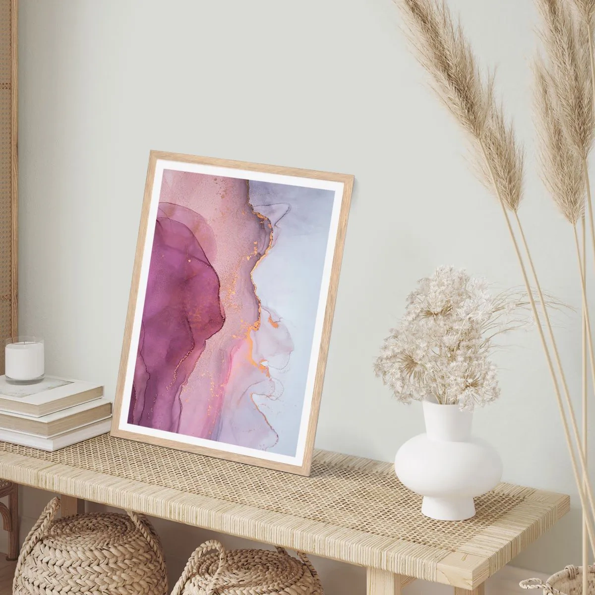 Poster in light oak frame - Waves of Violet and Purple - 30x40 cm