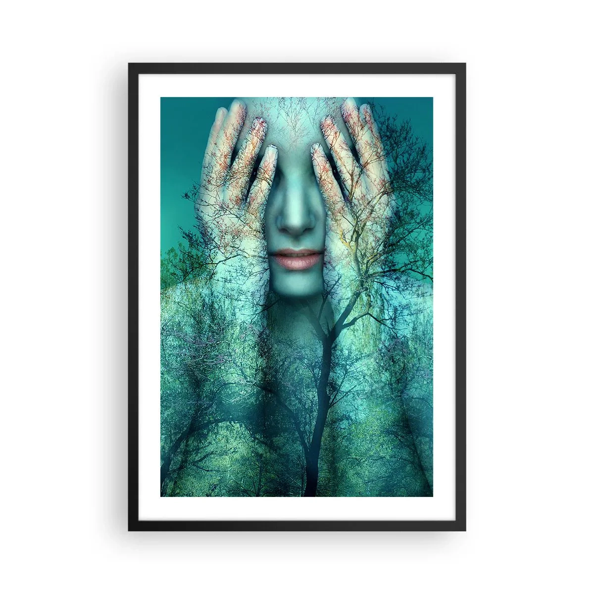 Poster in black frame - A woman's face with a forest landscape in a double exposure style. - 50x70cm - Submerged in Blue - Modern wall decoration for the living room and bedroom ARTTOR