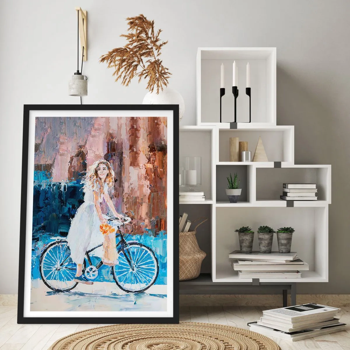 Poster in black frame - Impressionistic scene with a cyclist - 50x70cm - Morning Joy - Modern wall decoration for the living room and bedroom ARTTOR