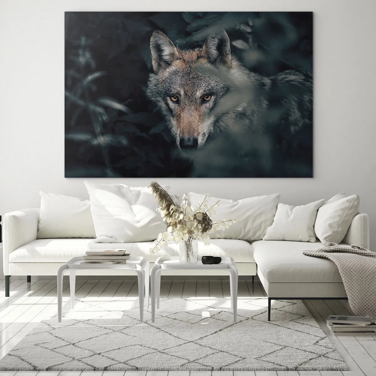 Glass picture - A wolf watching vigilantly from its hiding place in the forest thicket - 70x50cm - Hunter - Modern wall decoration for the living room and bedroom ARTTOR
