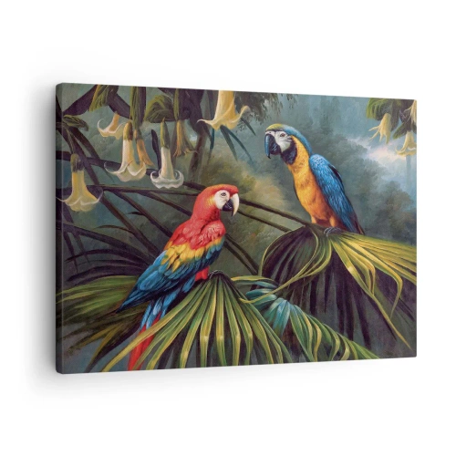 Canvas picture - Parrots in a tropical forest with exotic flowers in the background - 70x50cm - Romanticism in Tropics - Modern wall decoration for the living room and bedroom ARTTOR