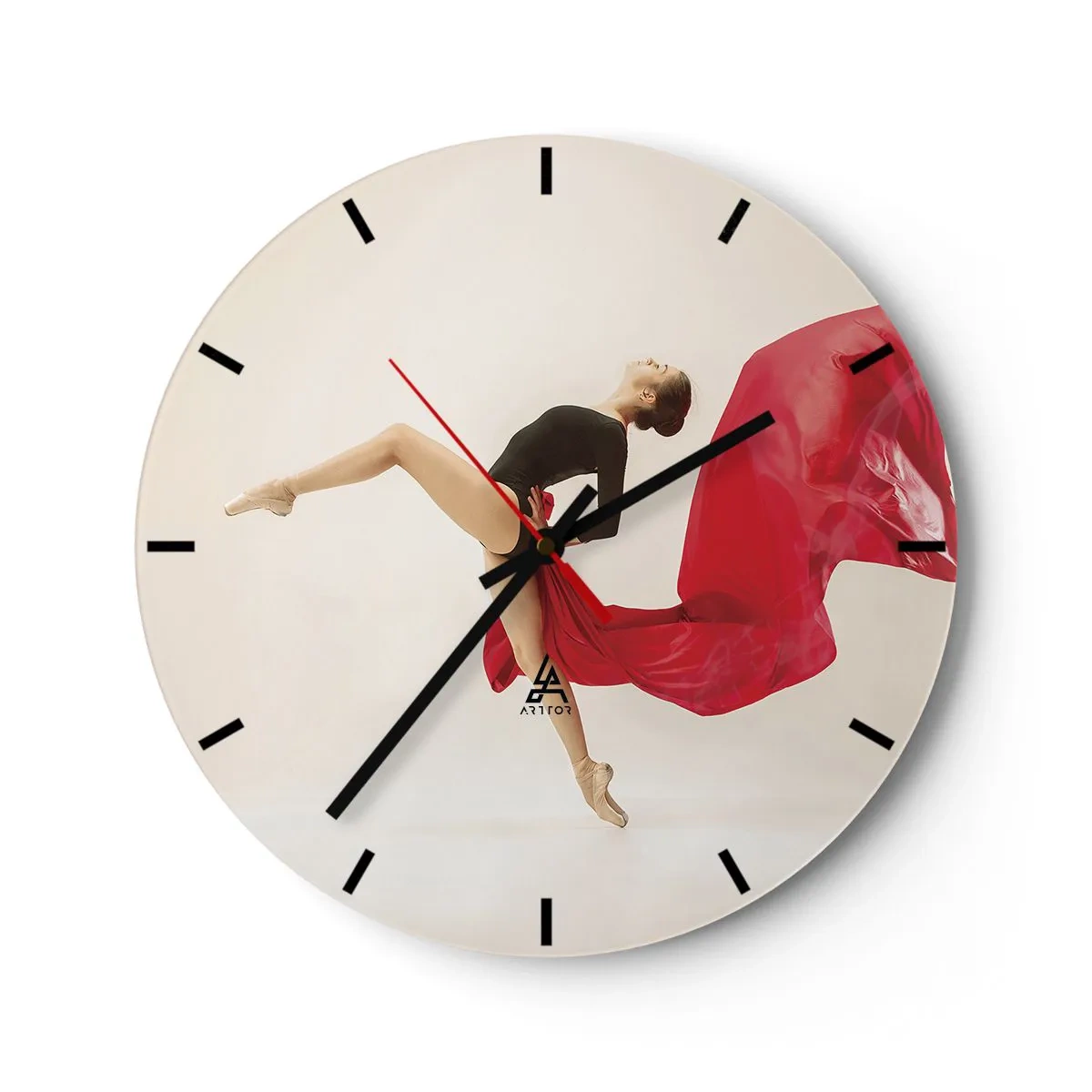 Wall clock - Clock on glass - A dancer in a dynamic pose with red fabric - 30x30cm - Red and Black - Modern wall decoration for the living room, kitchen, and bedroom ARTTOR