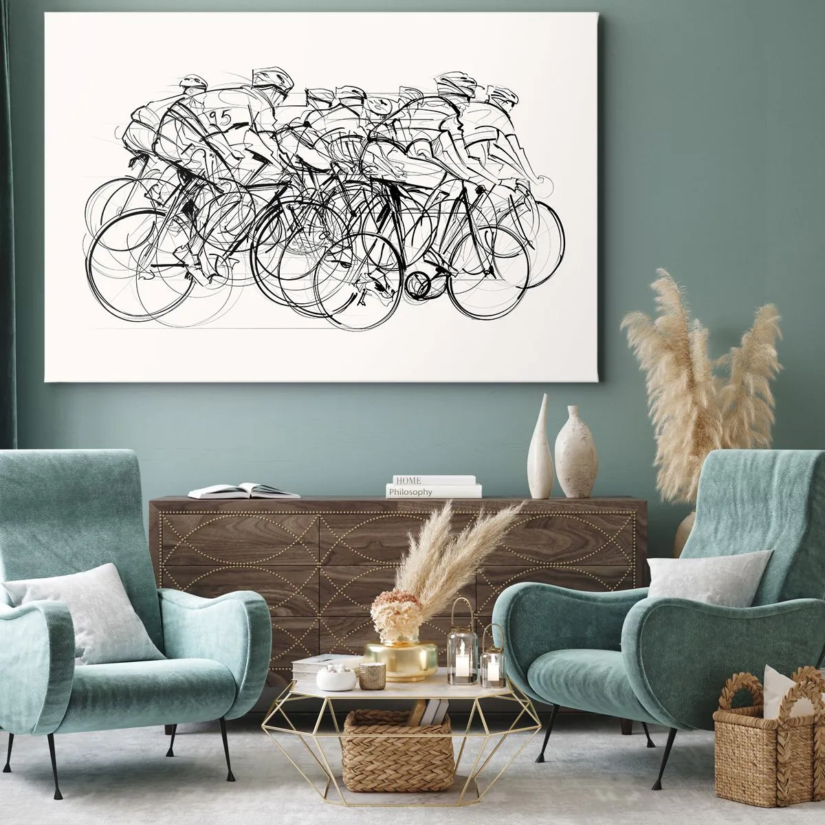 Canvas picture - A group of cyclists in motion in a minimalist style - 70x50cm - Together as a Team - Modern wall decoration for the living room and bedroom ARTTOR