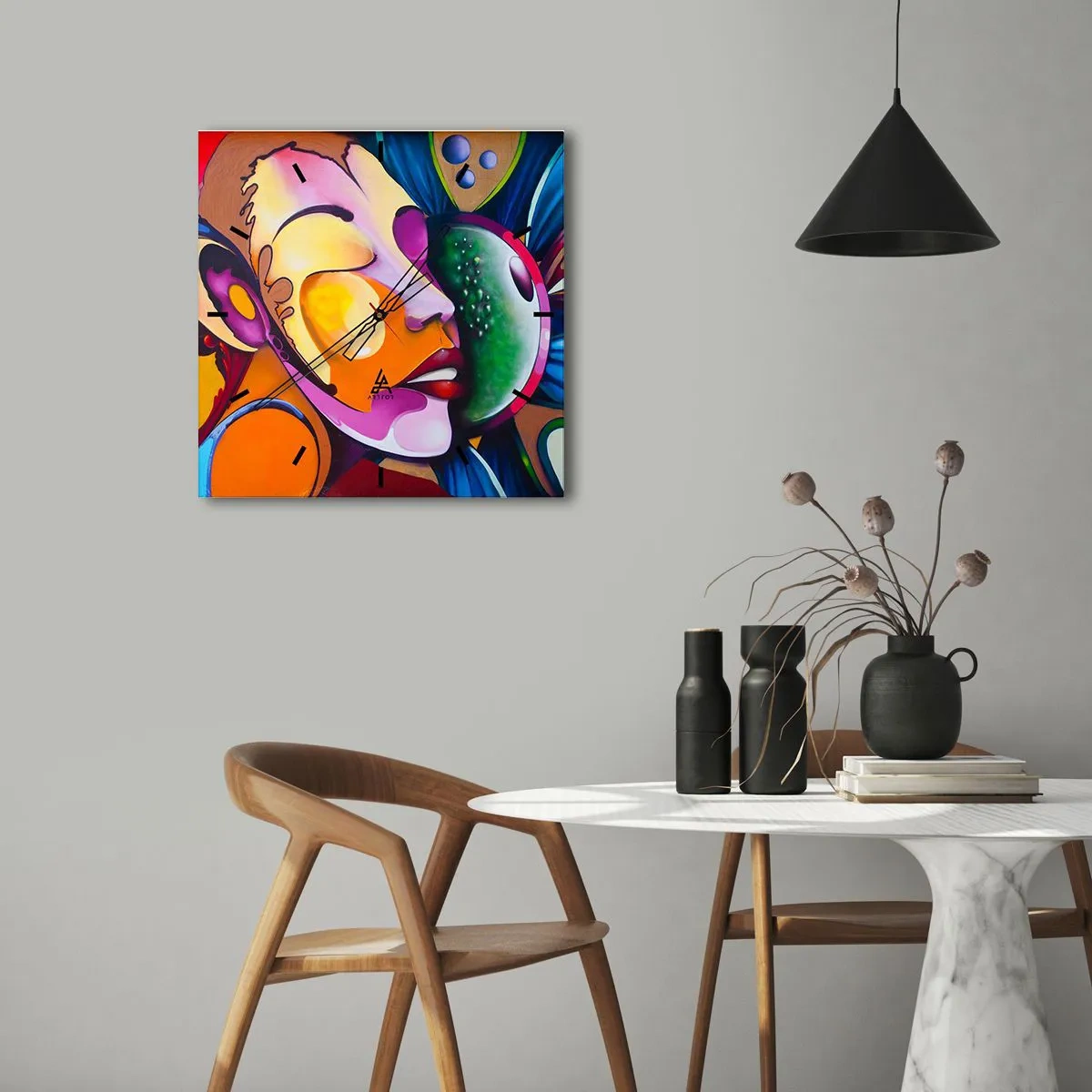 Wall clock - Clock on glass - Touching with a Colour - 30x30 cm