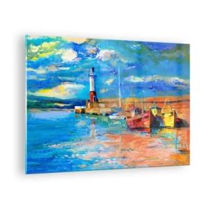 Glass picture - Rainbow Bay with a lighthouse and colorful boats in the harbor - 70x50cm - Afternoon in a Rainbow Bay - Modern wall decoration for the living room and bedroom ARTTOR