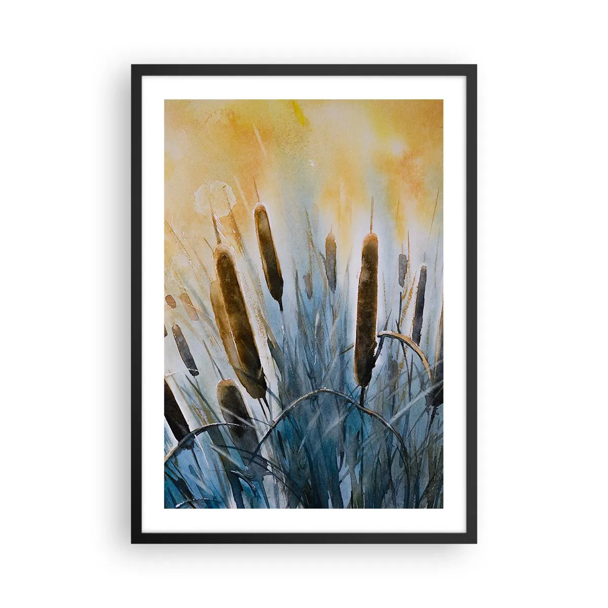 Poster in black frame - A painterly composition of reeds in warm light - 50x70cm - Coolness of Water, Heat of the Sun - Modern wall decoration for the living room and bedroom ARTTOR