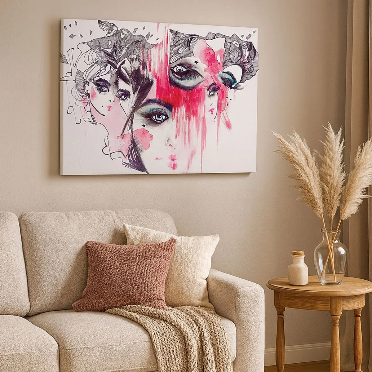Canvas picture - Abstract face in shades of pink and black - 70x50cm - Abstract eyes - Modern wall decoration for the living room and bedroom ARTTOR