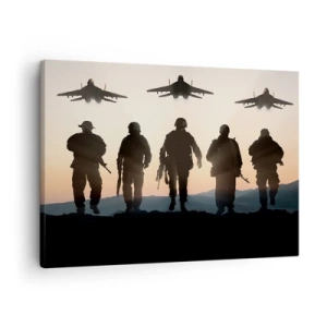 Canvas picture - Silhouettes of soldiers and fighter jets against the sunset background - 70x50cm - Welcome to Our World - Modern wall decoration for the living room and bedroom ARTTOR
