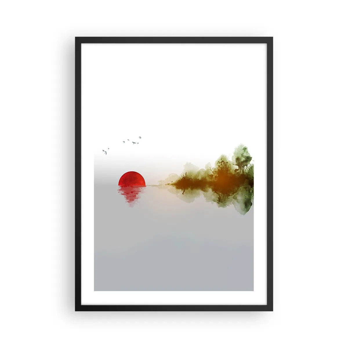 Poster in black frame - A minimalist landscape with a red sun and a lake. - 50x70cm - Promise of Peace - Modern wall decoration for the living room and bedroom ARTTOR