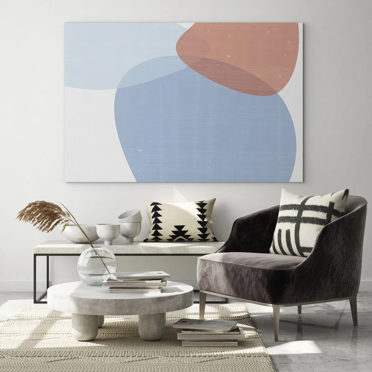 Glass picture - Modern abstraction with blue and pink shapes - 70x50cm - Pastel Relations - Modern wall decoration for the living room and bedroom ARTTOR