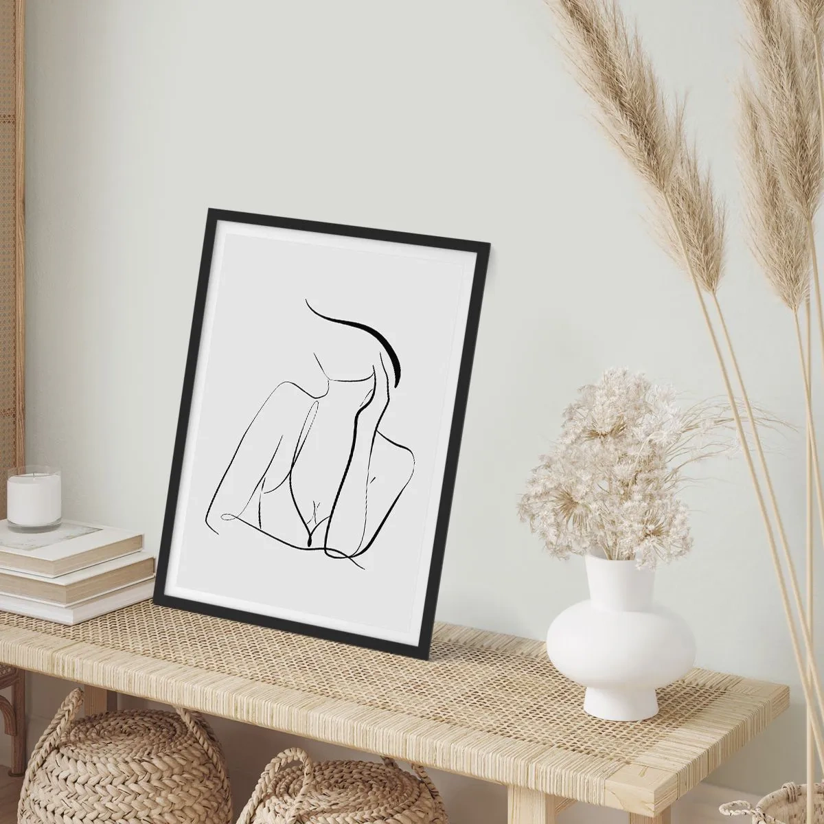 Poster in black frame - A minimalist line depicting a woman's silhouette - 50x70cm - On Waves of Dreams - Modern wall decoration for the living room and bedroom ARTTOR
