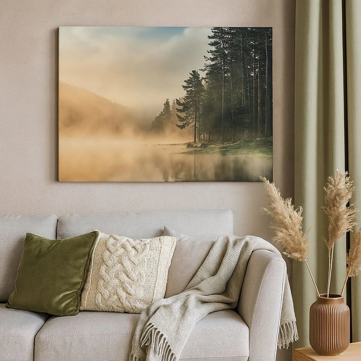 Canvas picture - A misty forest over a calm lake - 70x50cm - Birth of a Day - Modern wall decoration for the living room and bedroom ARTTOR