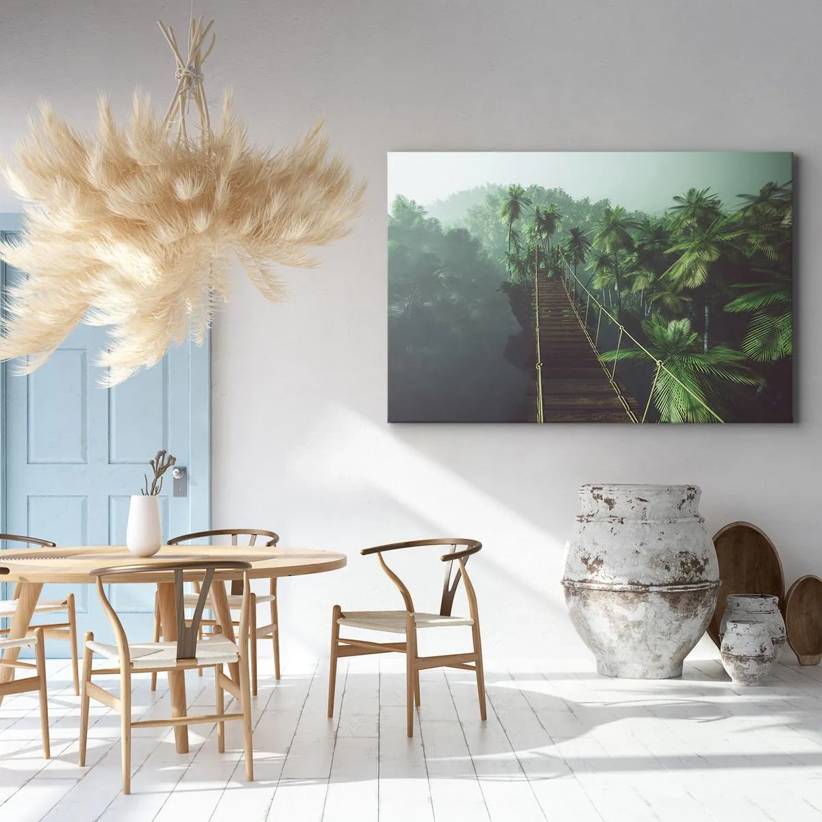 Canvas picture - A hanging bridge in a tropical forest surrounded by fog. - 70x50cm - Hanging Bridge in the Green - Modern wall decoration for the living room and bedroom ARTTOR