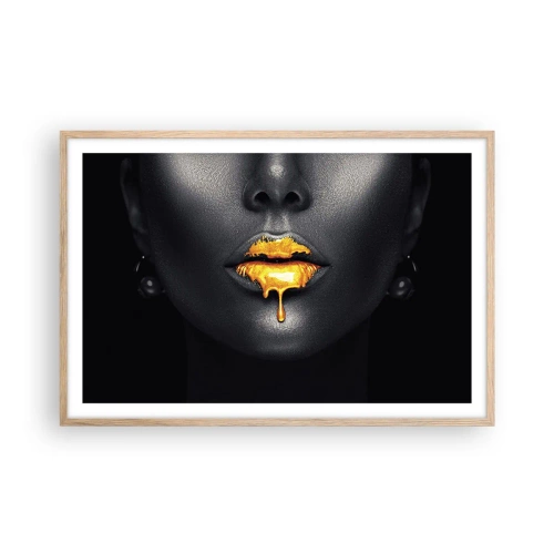 Poster in light oak frame - Golden Lips - 91x61 cm