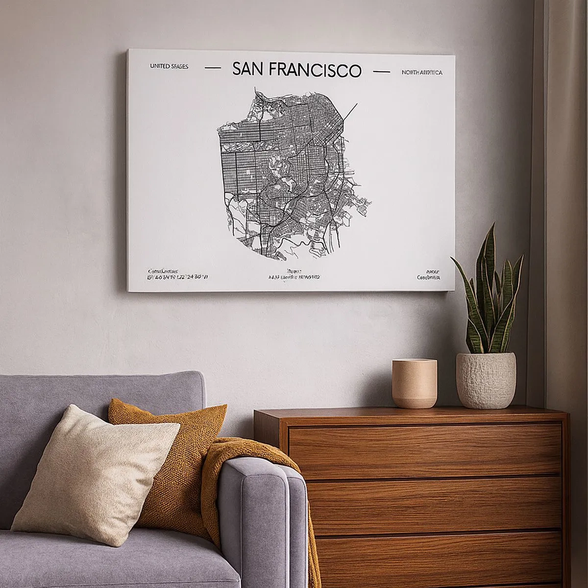 Canvas picture - A map of San Francisco in a black and white minimalist style. - 70x50cm - Anatomy of San Francisco - Modern wall decoration for the living room and bedroom ARTTOR